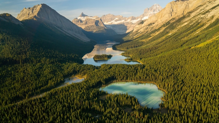 4K landscape of mountains and forest with lakes
