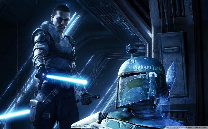 Starkiller and Boba Fett with lightsabers