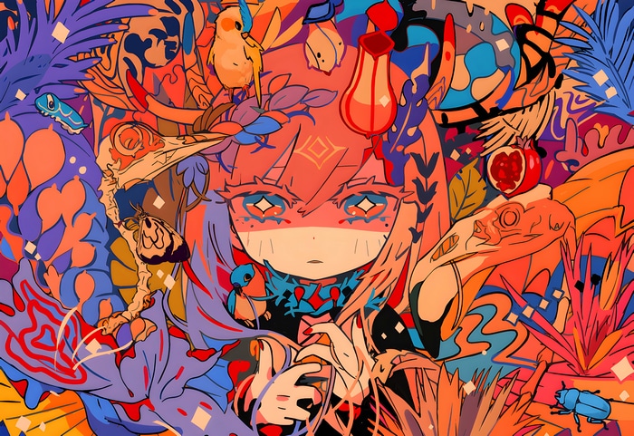 4K colorful illustration of anime girl with insects and fruit