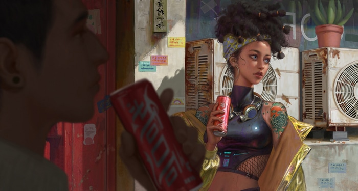 Woman with tattoos and hairband holding a drink
