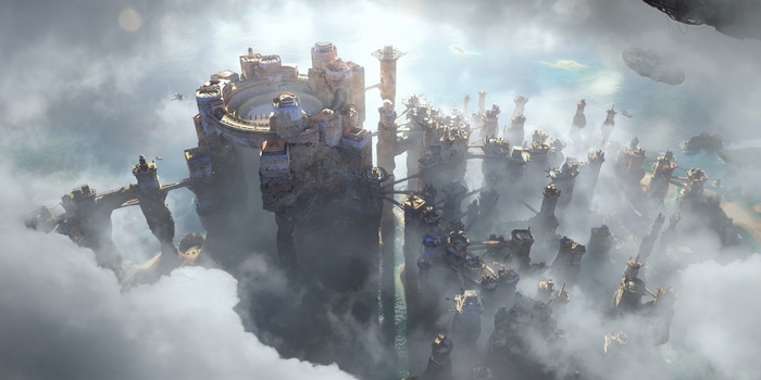 Fantasy city built on rocky islands in the clouds