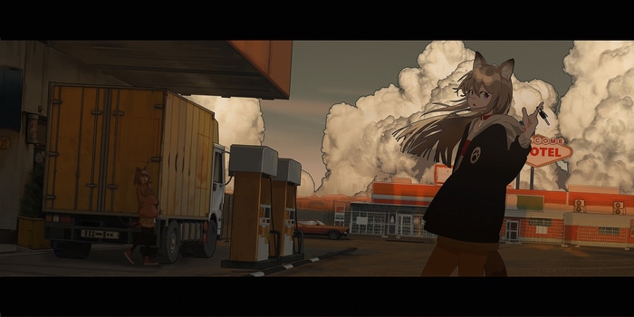 Fox girl at a motel and gas station