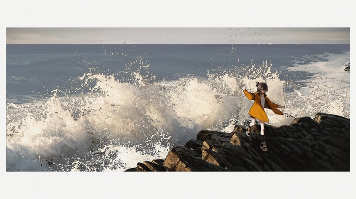 Anime girl in orange coat on rocks with ocean waves
