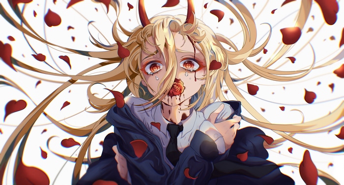 Power crying with rose and red petals, Chainsaw Man