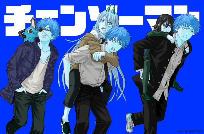 Chainsaw Man characters Denji, Power, and others on blue background