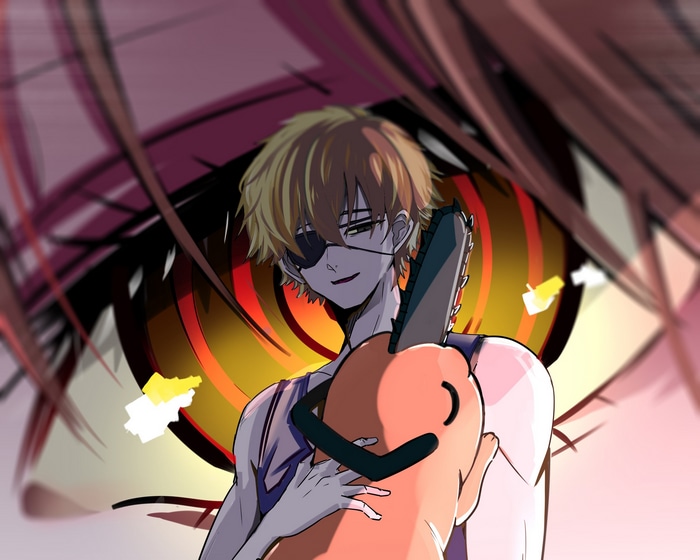 Denji hugging Pochita with Chainsaw Man eye background