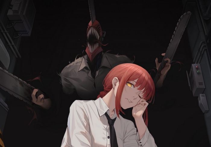 Makima and Chainsaw Man in a dark setting