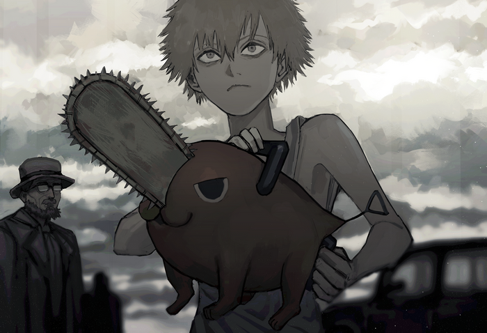 Denji and Pochita with a chainsaw