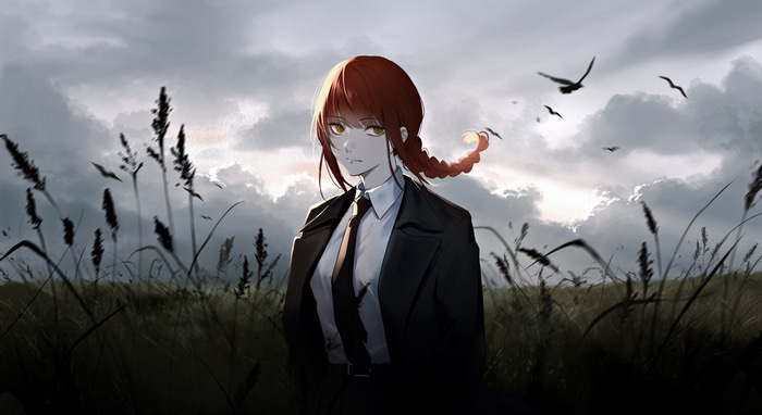 Makima from Chainsaw Man in a field with birds