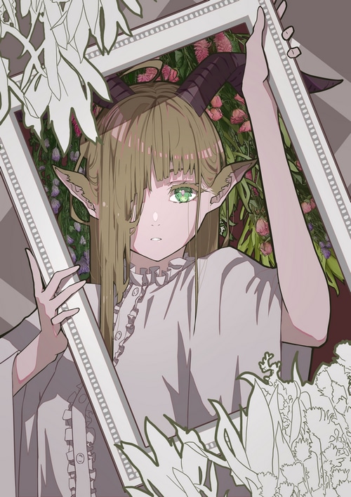 Nico Tina with horns and flowers behind a picture frame