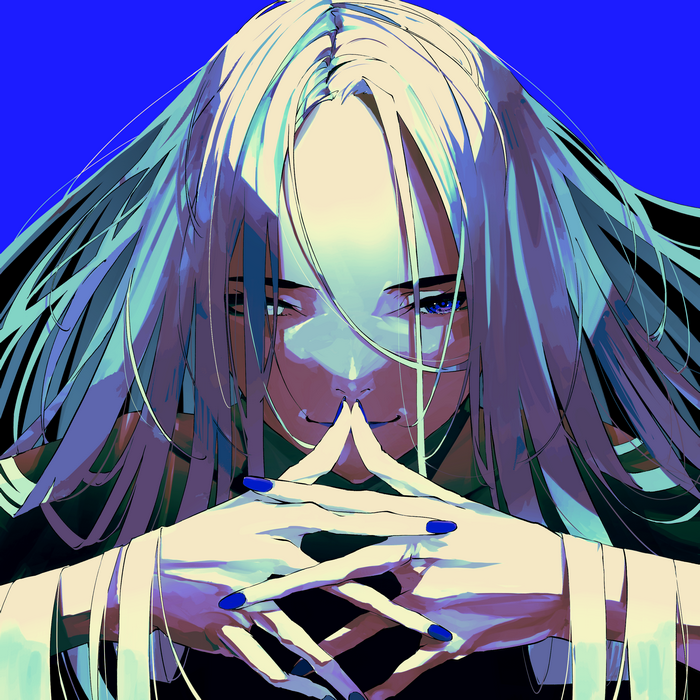 Nico Tina with long white hair and blue nails