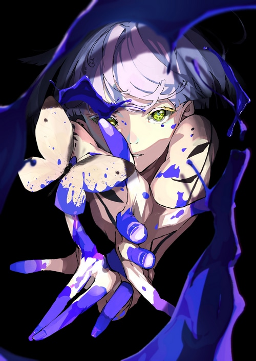 Anime girl with green eyes and butterfly covered in paint