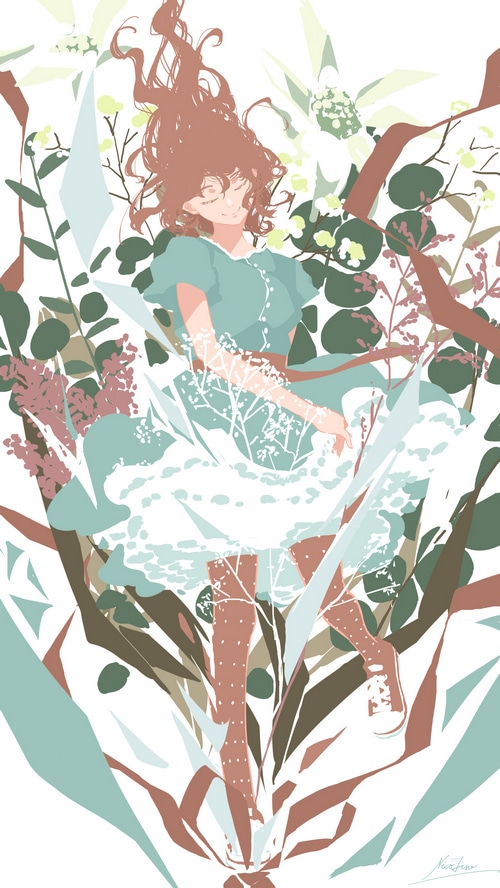 Anime Girl with Brown Hair Among Plants by Nico Tina