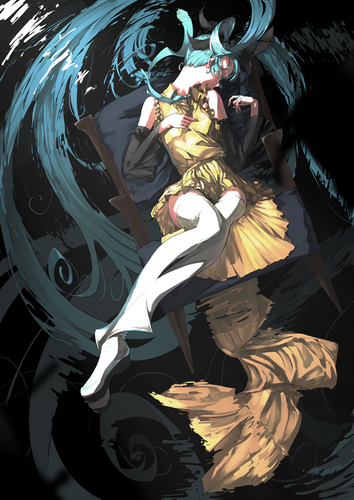 Hatsune Miku in a yellow dress on a chair