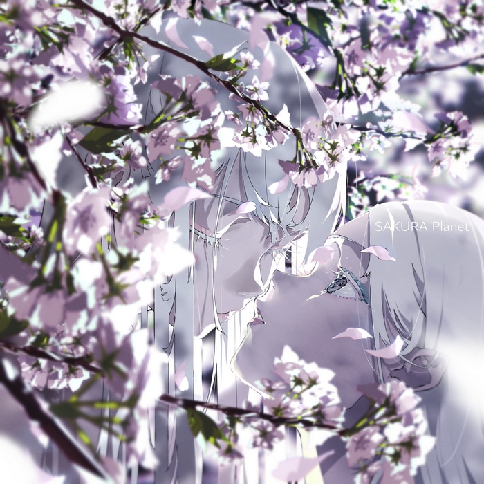 Two women kissing under cherry blossoms