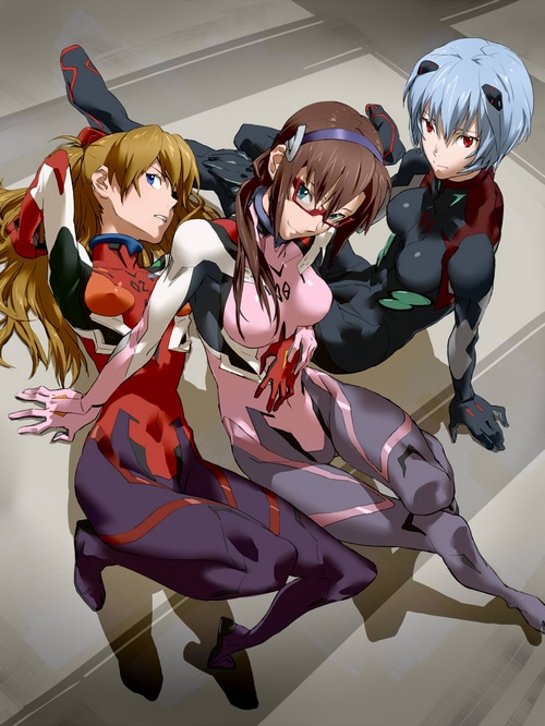 Asuka, Mari, and Rei in Evangelion plugsuits