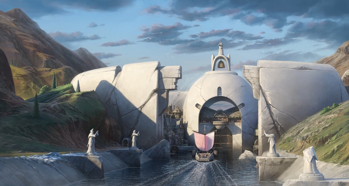 Fantasy architecture with a sailing ship and statues