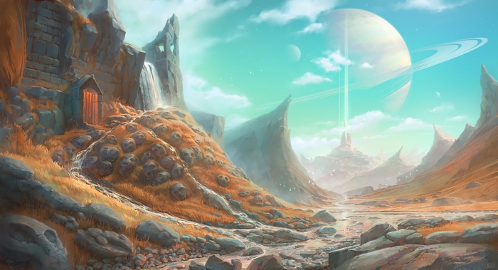 Fantasy landscape with alien planet and ruins
