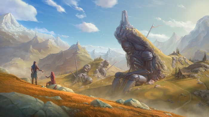 Fantasy landscape with giant robot ruins and travelers