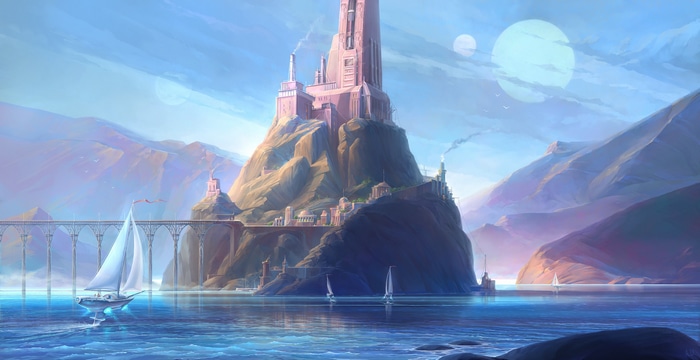 Fantasy Castle on a Mountain with Sailboats and Bridge