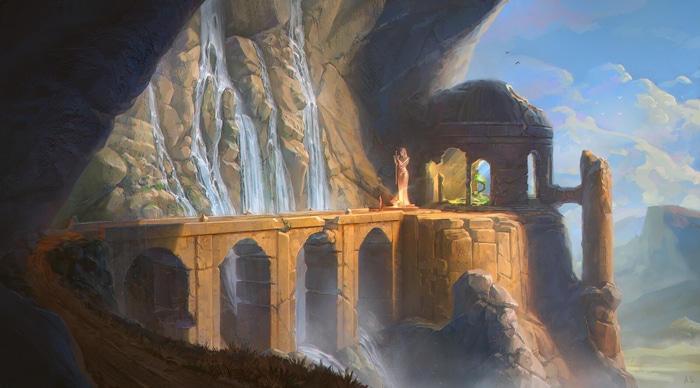 Fantasy architecture with a statue and waterfall