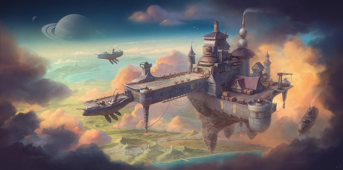 Floating city in the sky with steampunk airships