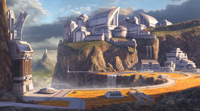 Futuristic city on a rocky cliffside with waterfalls