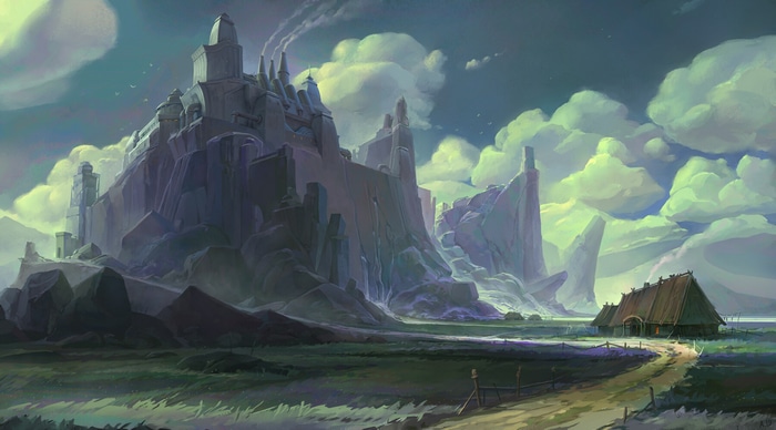 Fantasy Castle on a Rocky Outcropping with a Small Village