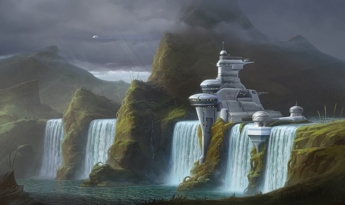 Science fiction outpost on an alien planet with waterfalls