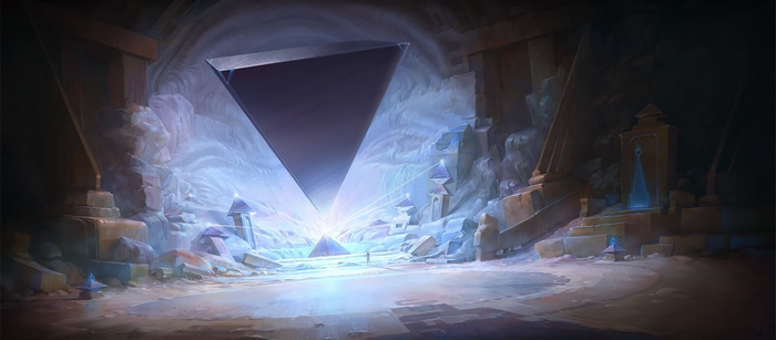Fantasy ruins with an inverted pyramid and glowing structures