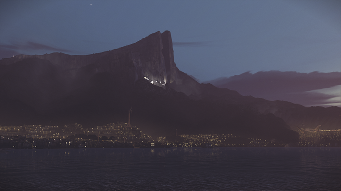 Dishonored 2: City lights at dusk by the mountains