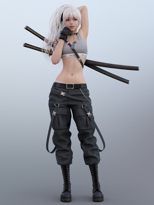 Asian woman with white ponytail and swords