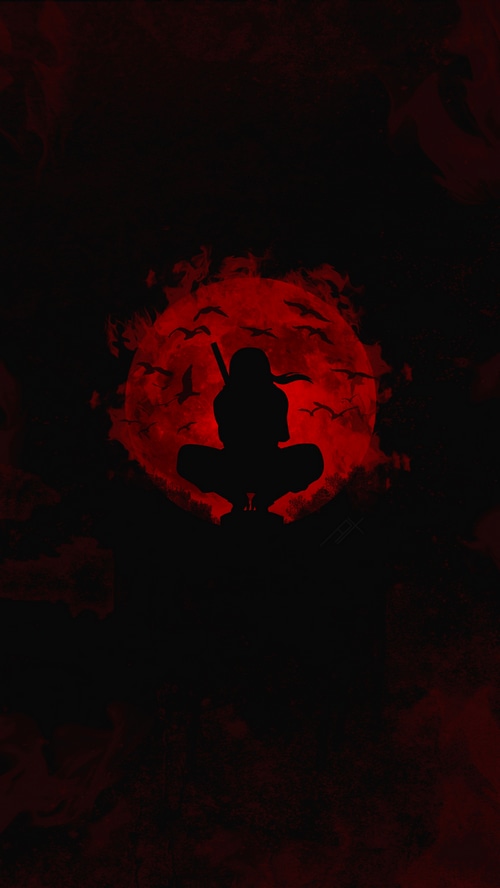 Uchiha Itachi silhouette against a red moon with crows