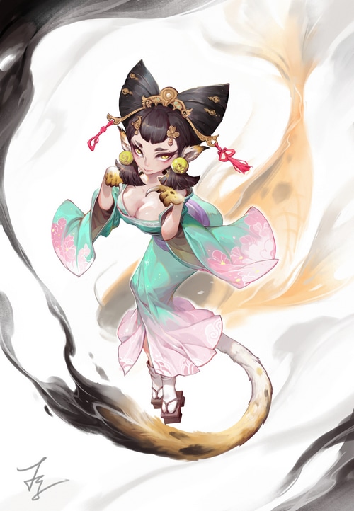 Fantasy cat girl in a kimono with flower patterns