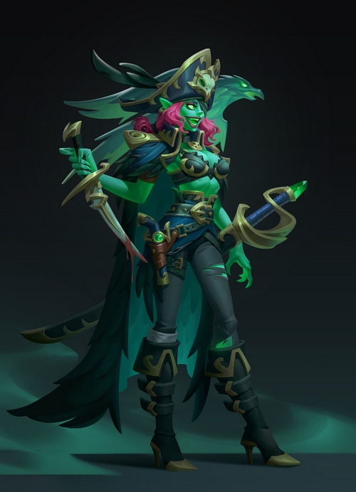 Green-skinned pirate woman with pink hair and swords