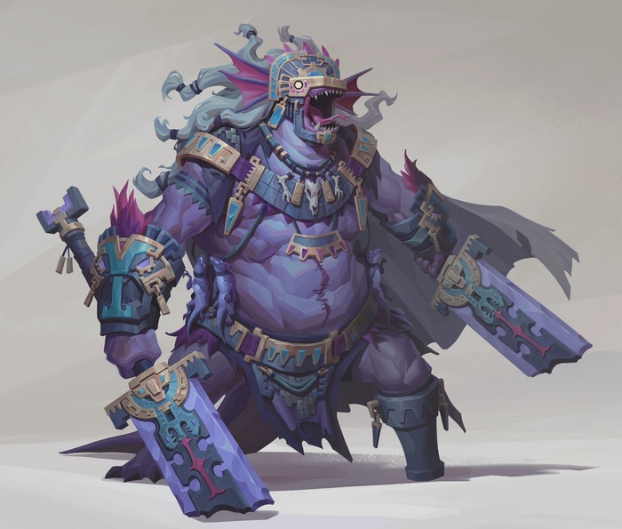 Fantasy creature warrior with ornate armor and swords