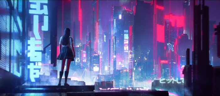 4K Cyberpunk Cityscape with Woman in School Uniform