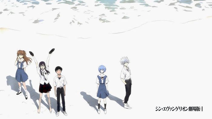 Neon Genesis Evangelion characters on a beach