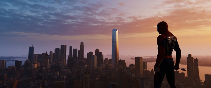 Spider-Man overlooking New York City at sunset