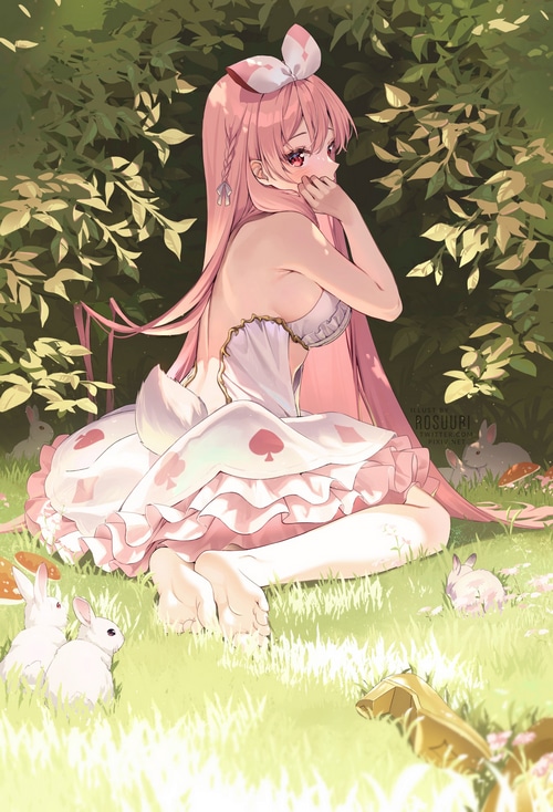 Alice in Wonderland girl with pink hair and rabbits