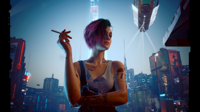 Judy Alvarez smoking in Cyberpunk 2077