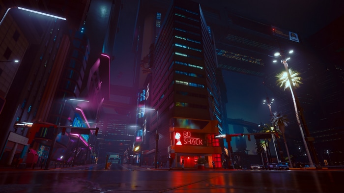 Cyberpunk 2077 Night City street with neon lights