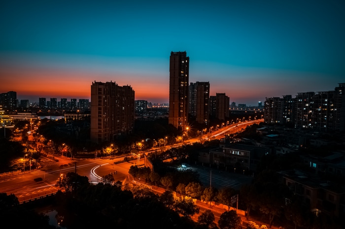 4K Shanghai cityscape at sunset with long exposure lights
