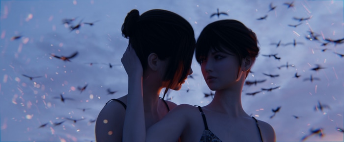 Two women with birds in the sky