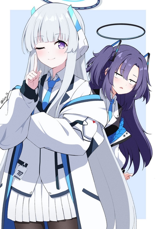 Anime girls from Blue Archive with one eye closed