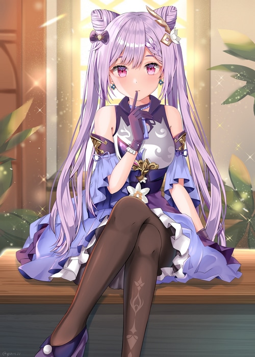 Keqing from Genshin Impact with purple hair and eyes
