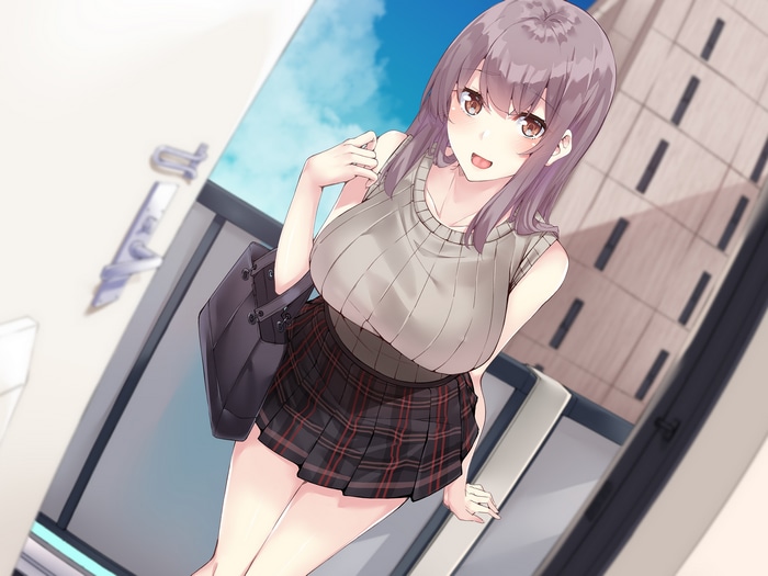 Anime girl with purple hair holding a purse and wearing a skirt