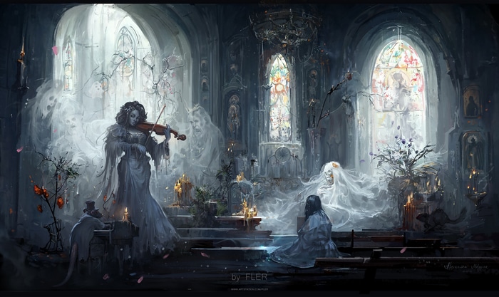 Ghostly woman plays violin in a gothic church