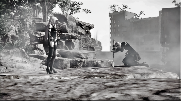 2B and A2 from Nier: Automata in a ruined city
