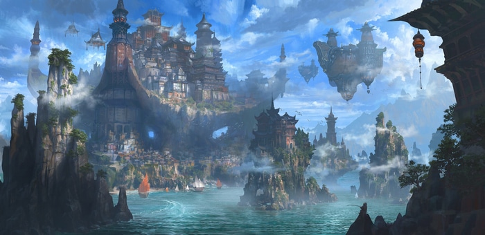 Fantasy Asian architecture cityscape with floating islands